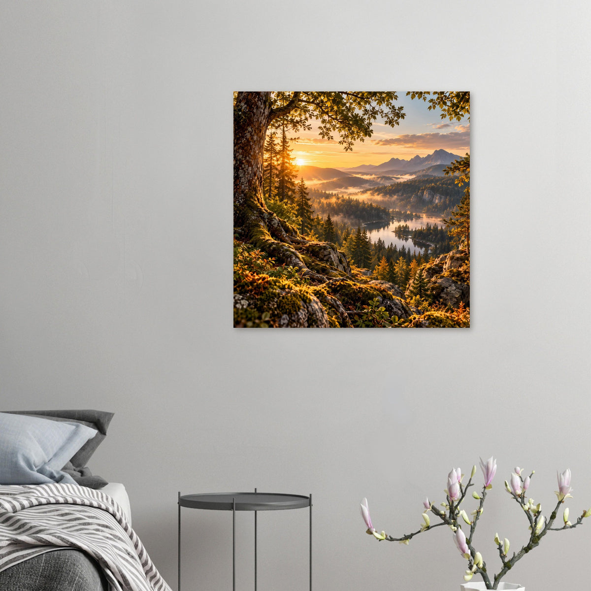 Quadratisches Landschaftsposter, Sonnenaufgang über Bergen, Waldtal und See