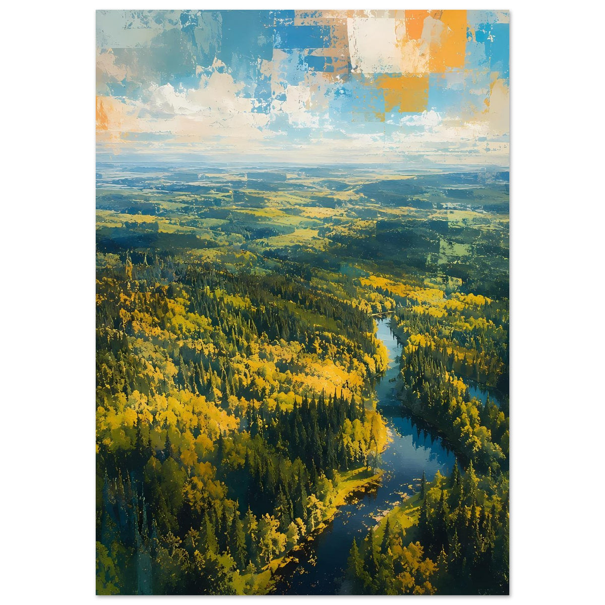 Poster mit Fluss durch den Herbstwald, grüne und gelbe Bäume, weiter Blick ins Tal