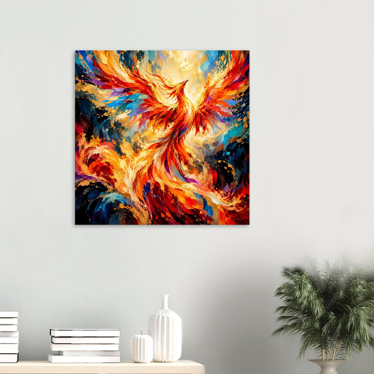 Kleines gerahmtes Premium-Poster mit Phönix-Porträt, leuchtende Farben und Flammenflügel