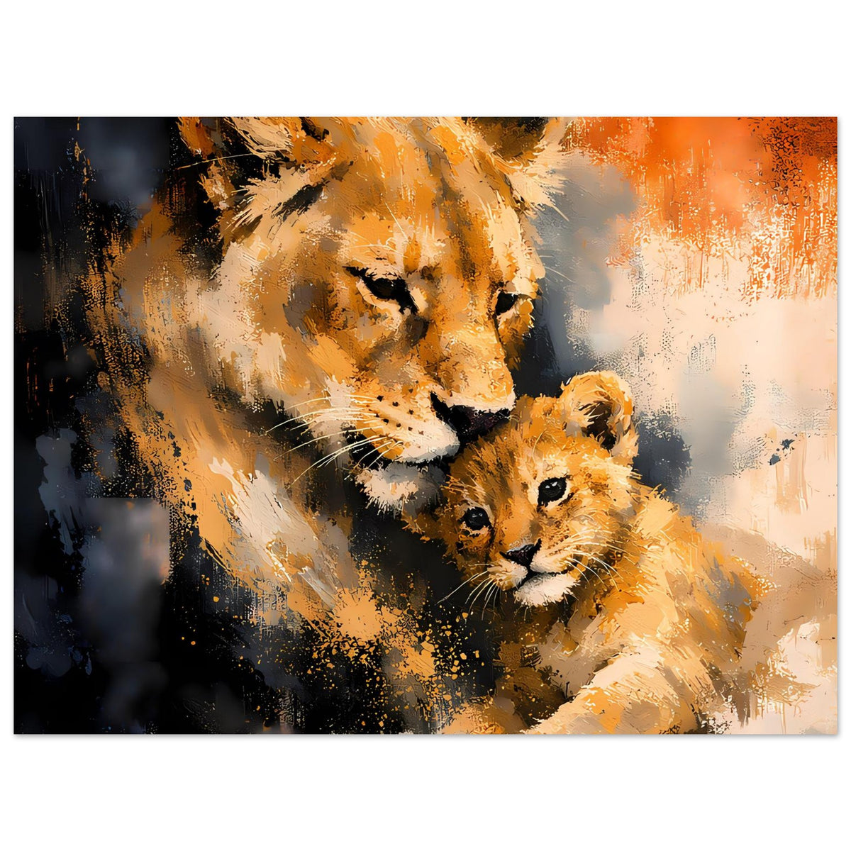 Poster mit Löwin und Jungtier, gemaltes Tierportrait, orange-braune Farbflächen