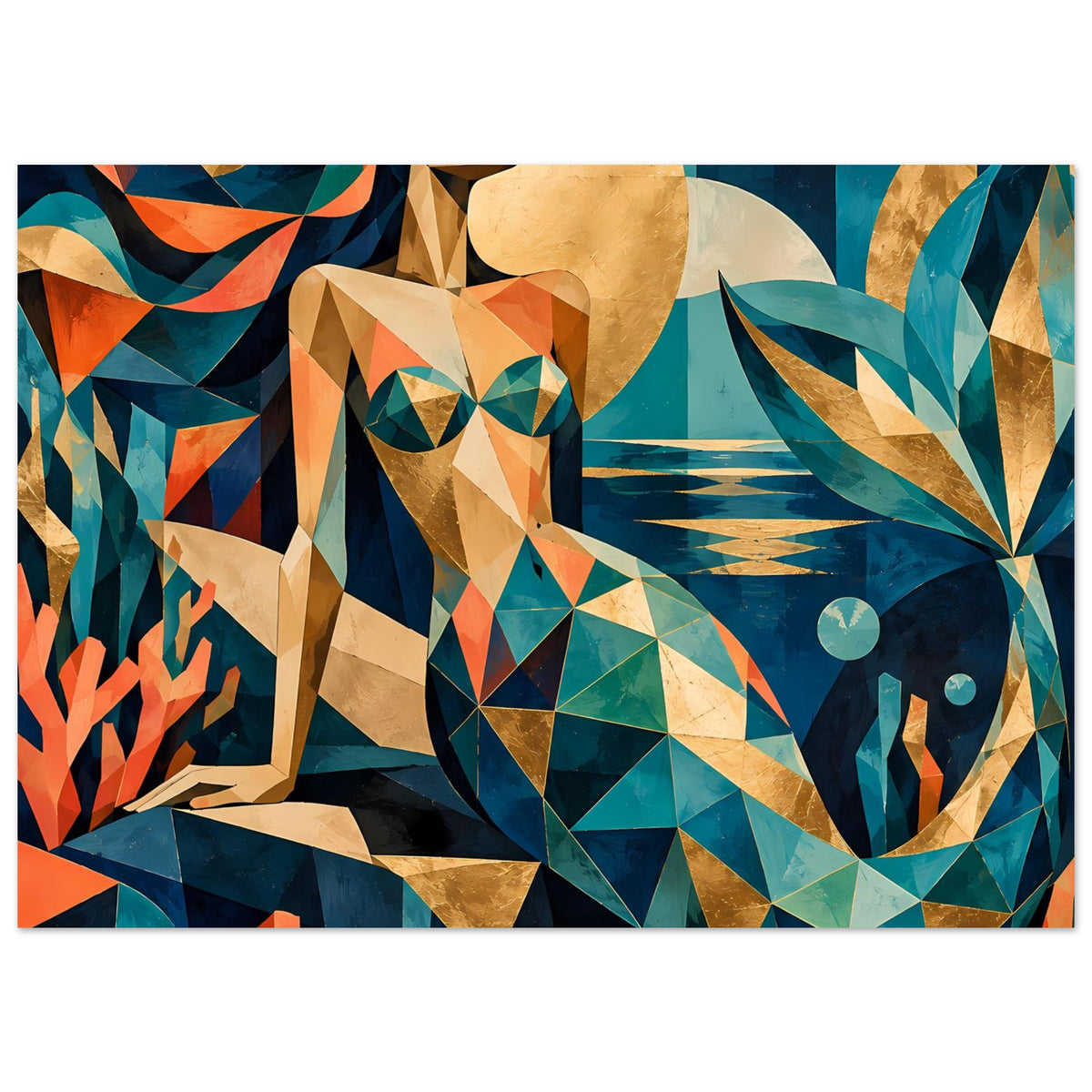 Geometrisches Meerjungfrauen-Kunstposter in Türkis und Korall, horizontal