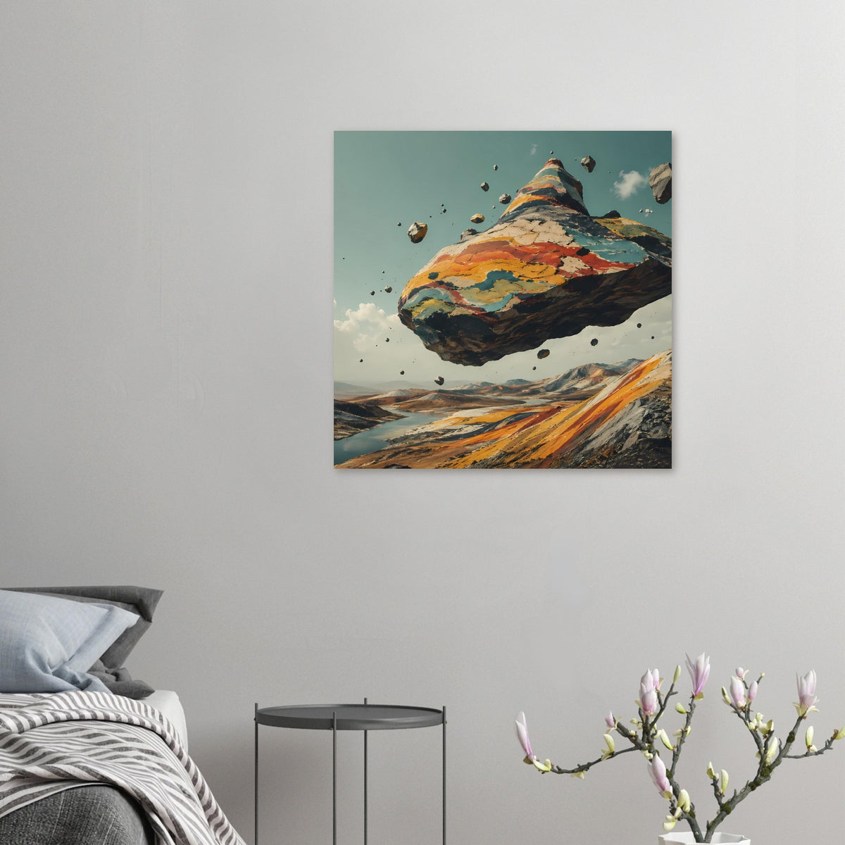 Kleines Poster mit schwebendem Berg, farbige Gesteinsschichten und Gesteinsbrocken