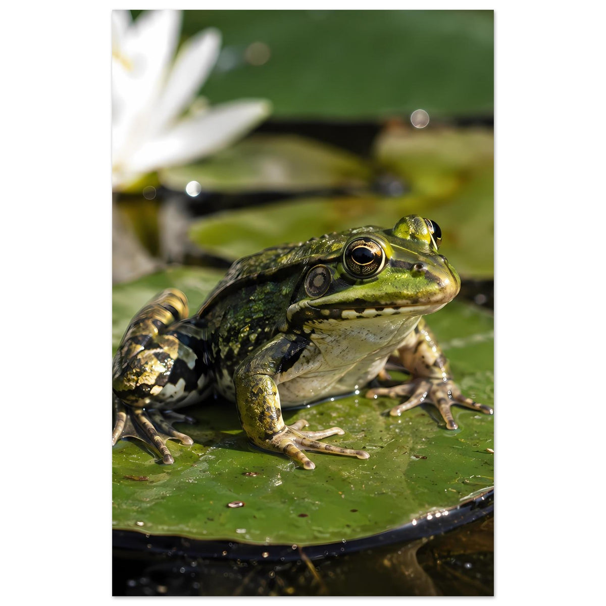 Poster mit grünem Frosch auf Seerosenblatt, frontal zentriert fotografiert