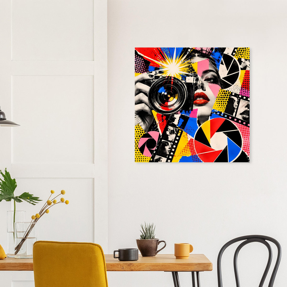 Pop-Art-Fotoposter mit Frauengesicht, Kamera-Detail und kräftigen, grafischen Farbflächen.