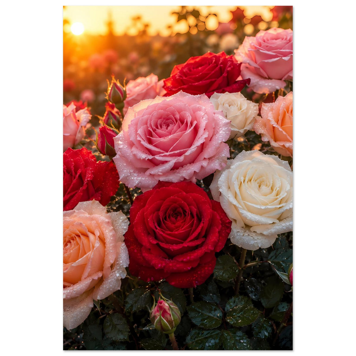 Rosenblüten-Poster im Hochformat mit Taufrische: rosa und rote Rosen