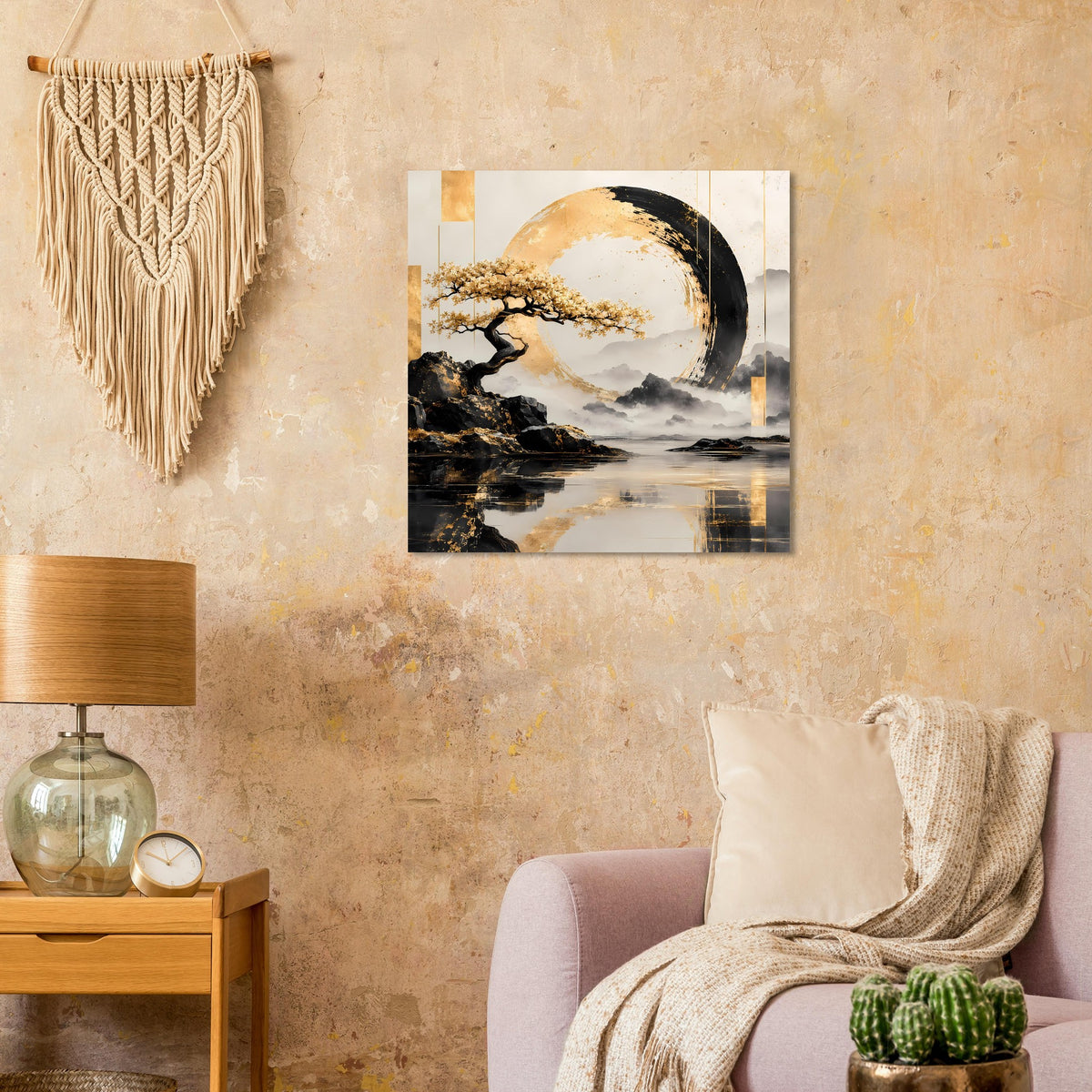 Wandposter mit Kreisbild, schwarzen Felsen und goldenen Akzenten im quadratischen Rahmen
