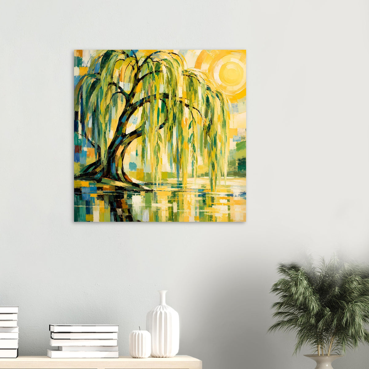Wandposter mit abstraktem Weidenbaum, gelber Sonne und Spiegelung im Wasser, quadratisch