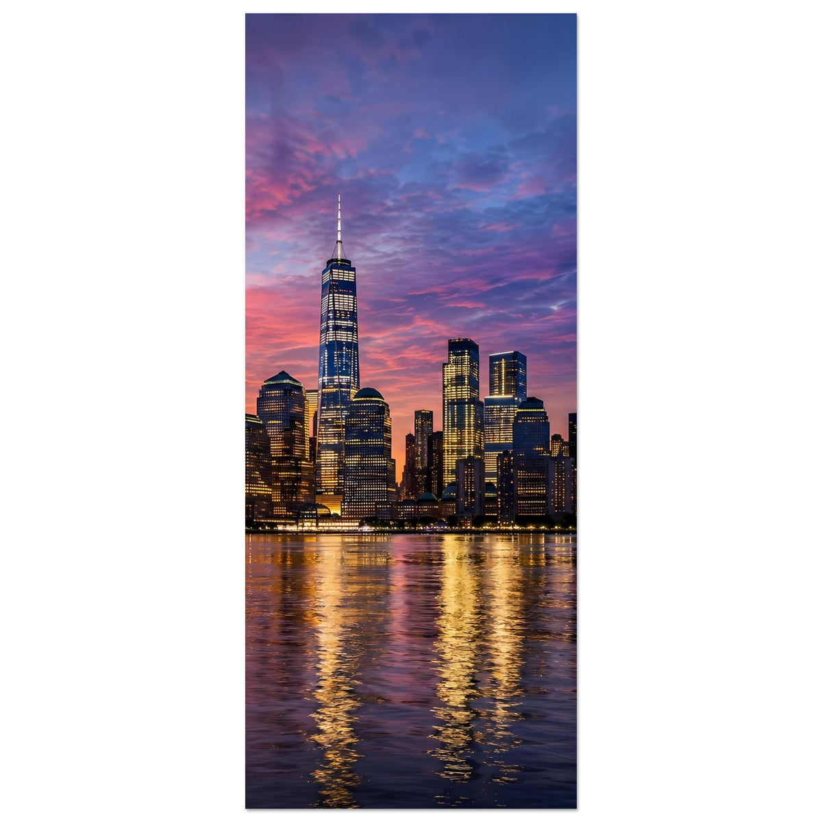 Stadtbild-Poster im Hochformat mit New-York-Skyline bei Dämmerung und Spiegelungen im Wasser