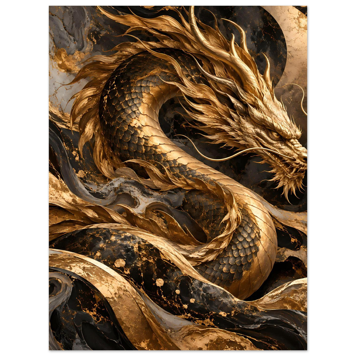 Fantasy-Poster: goldener Drachenkopf mit Mähne und geschlungenem Körper