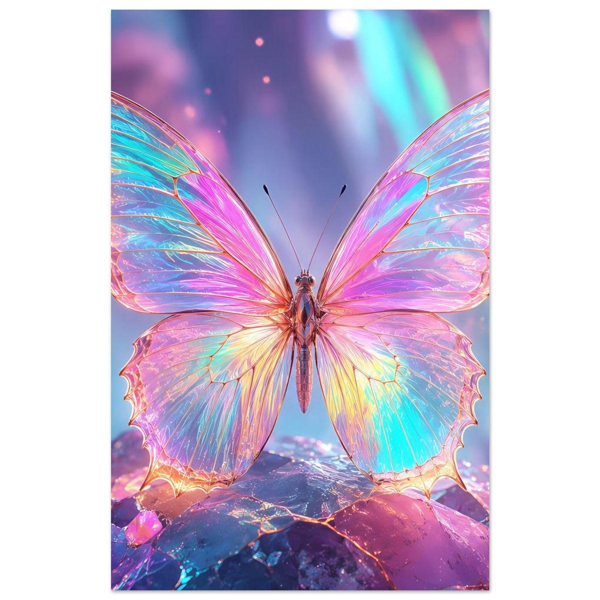 Schmales Fantasy-Poster: Schmetterling mittig mit regenbogenfarbenen Flügeln
