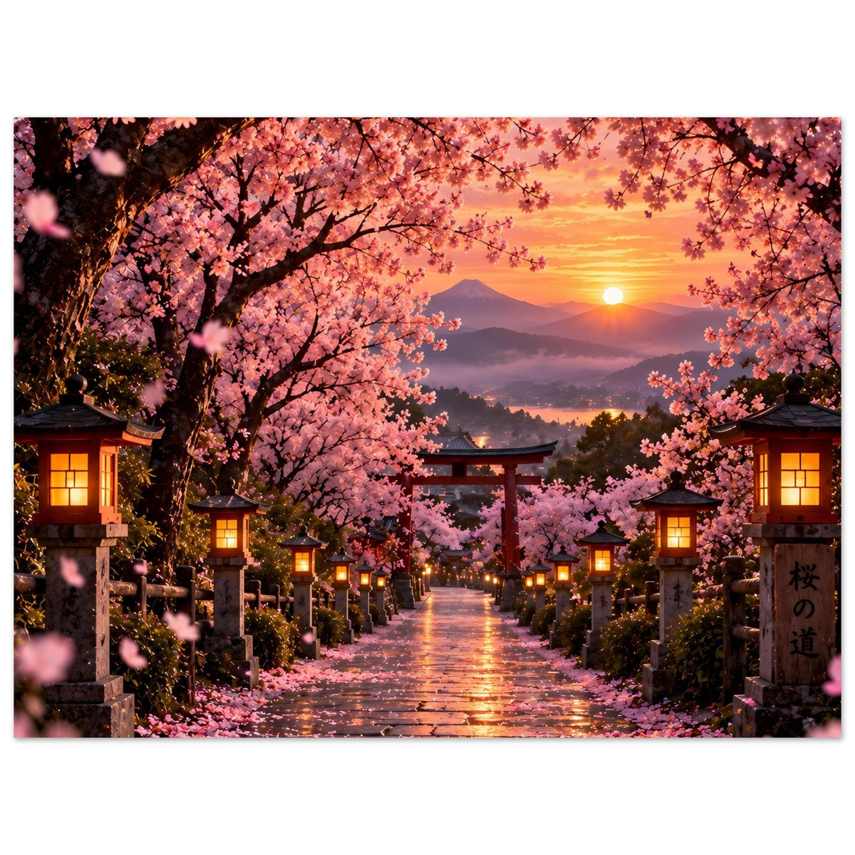 Sakura-Poster mit Kirschblütenallee, Torii, Sonnenuntergang und leuchtenden Laternen