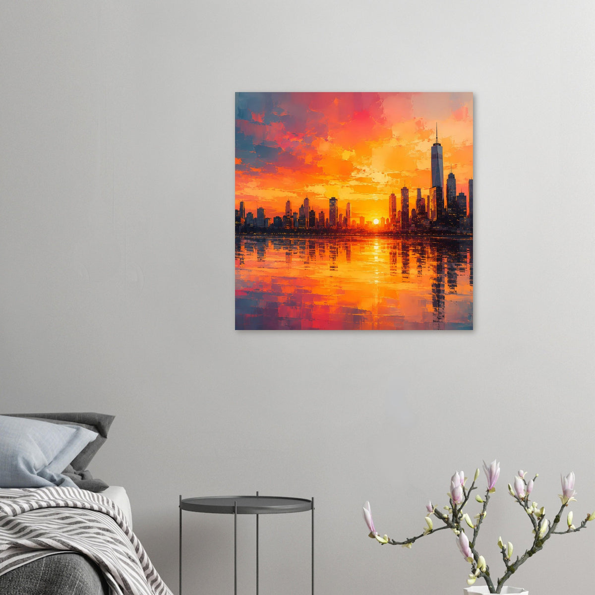 Quadratisches Poster mit Skyline im Sonnenuntergang und spiegelnder Wasserfläche
