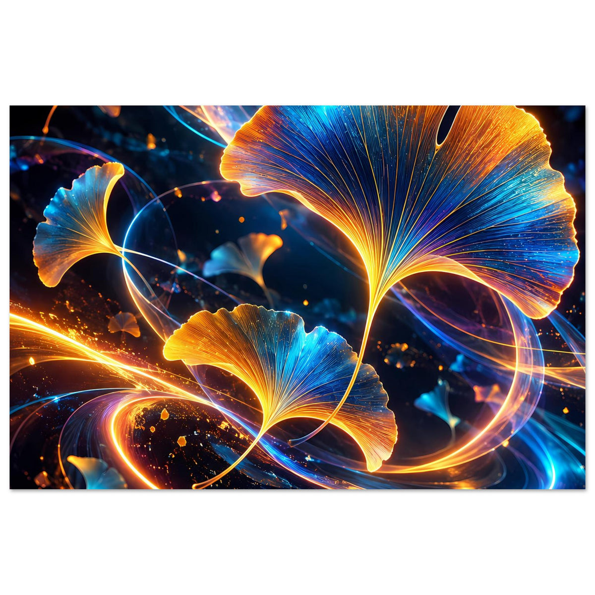 Poster mit leuchtenden Ginkgo-Blättern in Blau und Gold und hellen, fließenden Lichtspuren