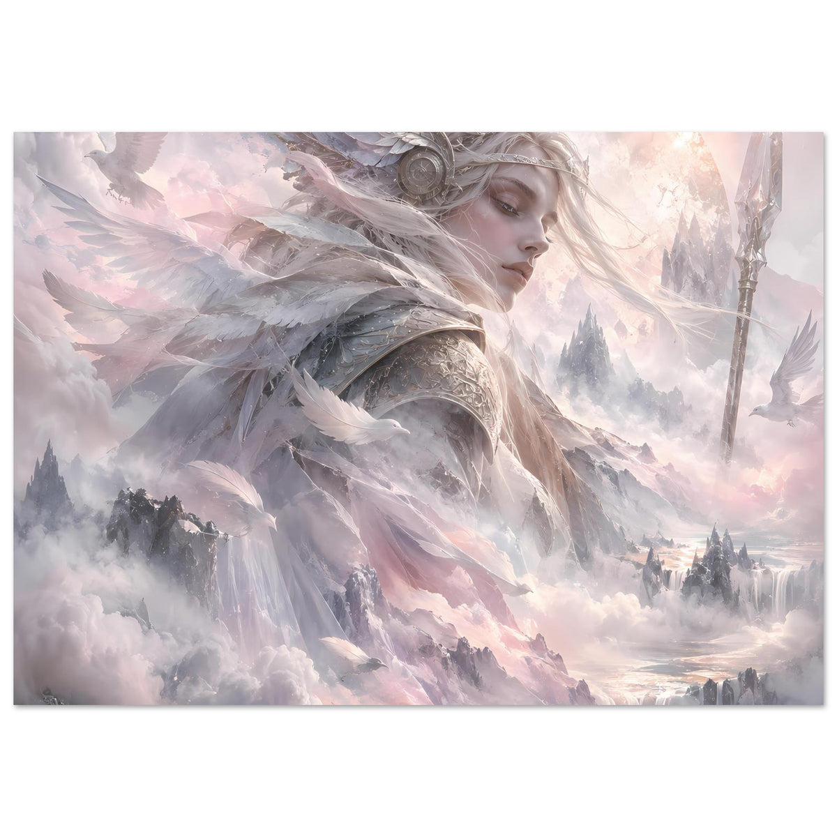 Nordisches Fantasy-Poster mit Walküre im Federhelm und silbergrauen Flügeln, blick nach vorn