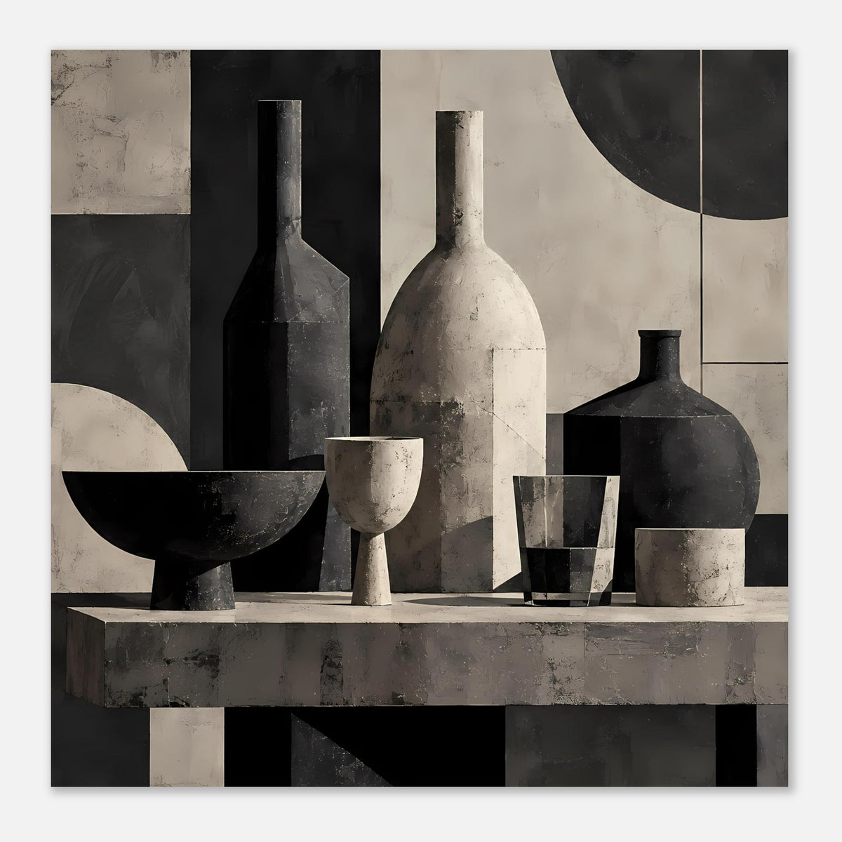 Still-Life-Poster Querformat mit monochromen Gefäßen und abstrakten Halbkreisen