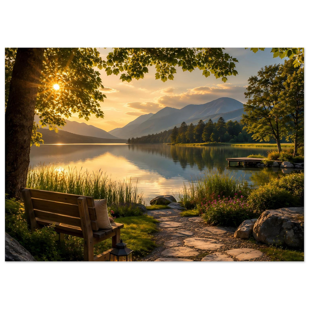 Horizontales Poster einer ruhigen Seelandschaft mit Bank, Pfad am Ufer und Bergen