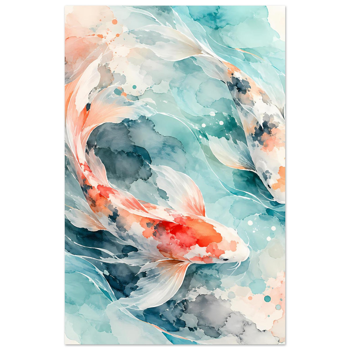 Vertikales Poster mit Aquarell-Koi-Fischpaar, Türkis- und Lachstöne, weiße Flossen