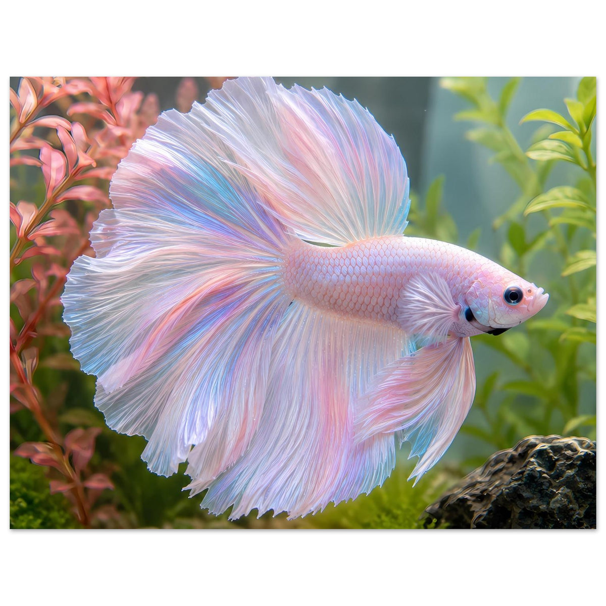 Betta-Fischposter mit weit geöffneten Flossen, auf mattem Premiumpapier.
