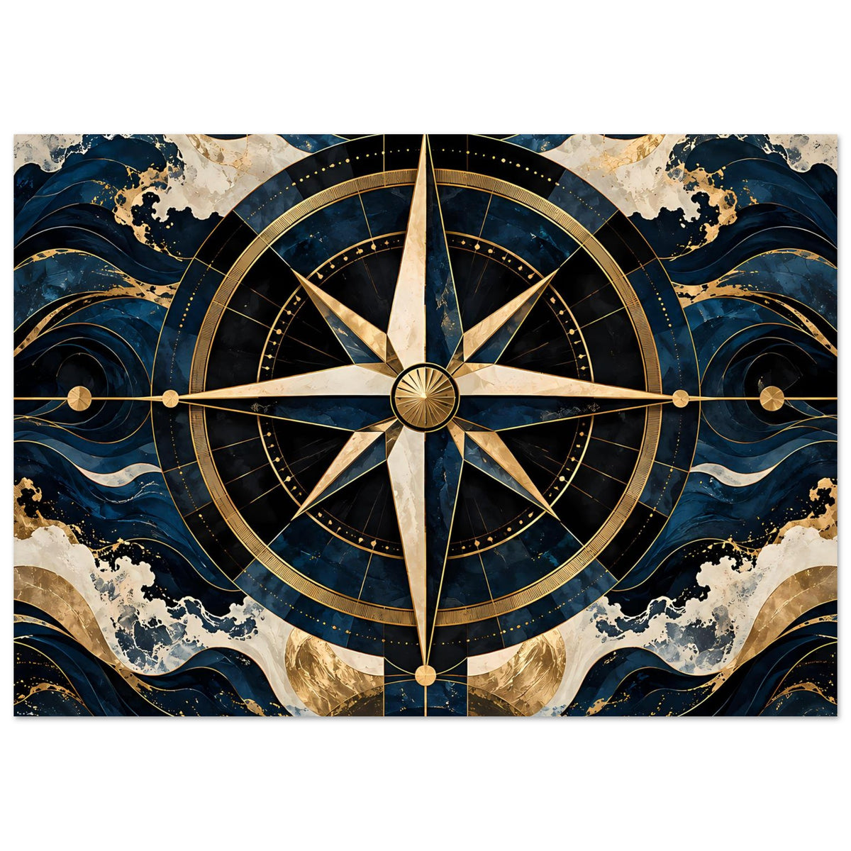 Maritimes Poster mit Kompassrose in Blau und Gold, goldene Strahlen und Ringe