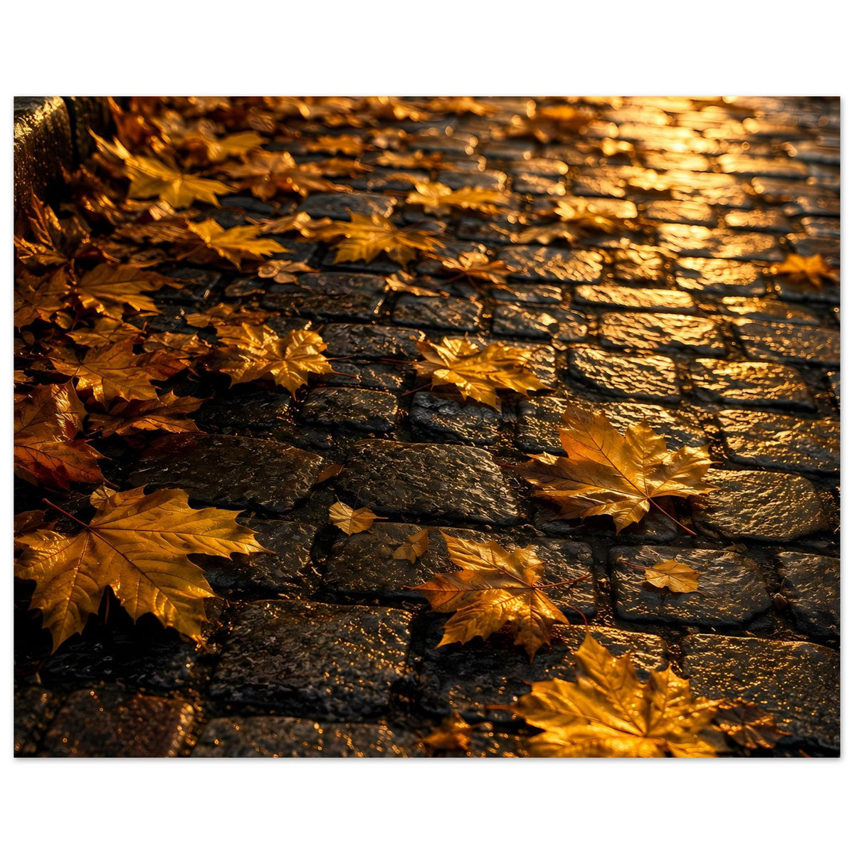 Herbstposter im Querformat: goldene Blätter auf dunkler Steinmauer mit warmen Reflexen