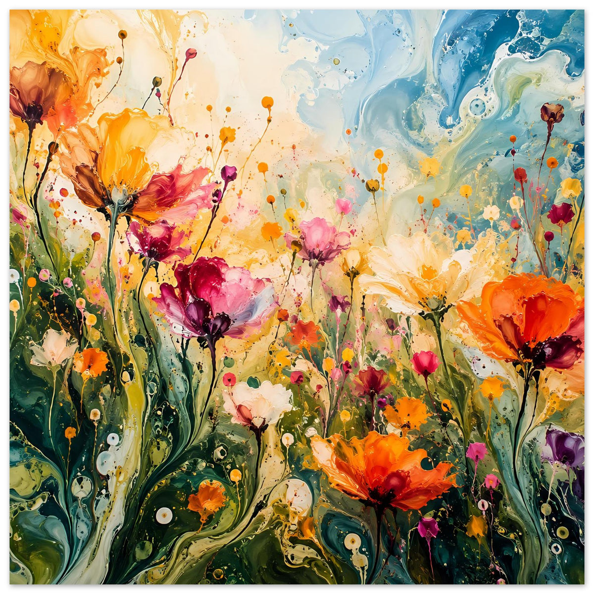 Abstraktes Blumenposter: bunte Blüten aus Orange, Rosa, Lila vor blauem Farbverlauf