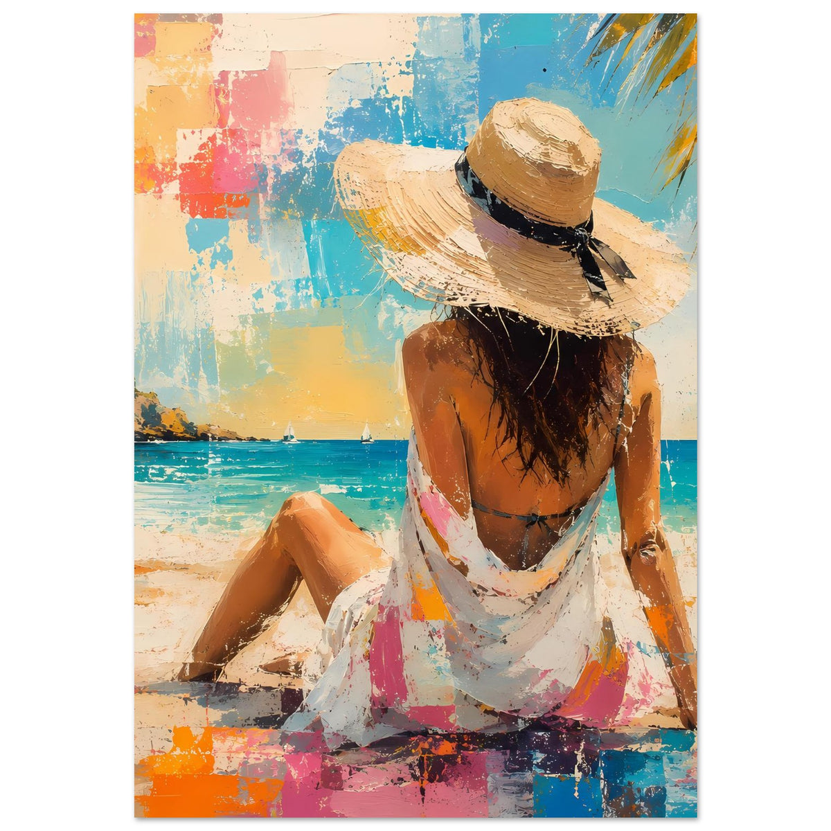 Sommerposter: Frau im Strohhut von hinten, bunter Farbauftrag, Meer und Sand