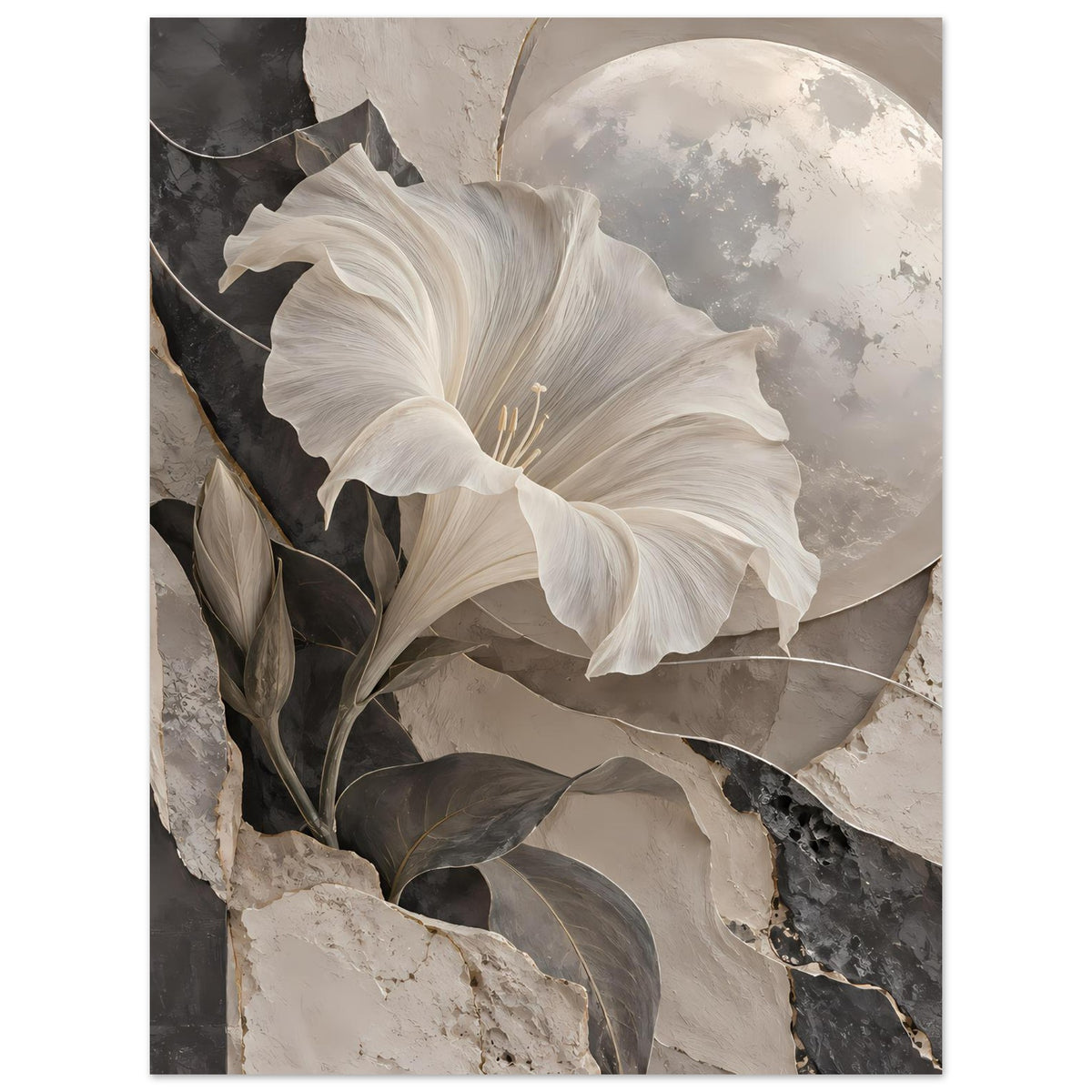 Kunstposter mit weißen Lilienblüten, dunklen Blättern und hellem Mondschnitt im abstrakten Stil
