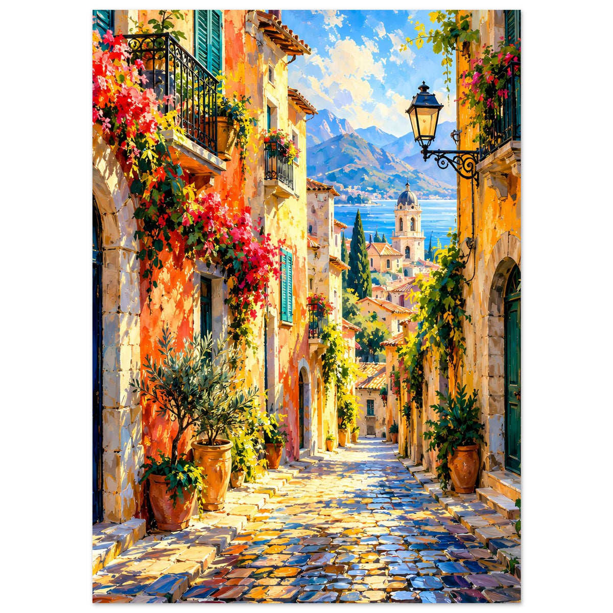 Kunstposter mit mediterraner Gasse, bunten Fenstern und vielen Pflanzenkübeln entlang des Wegs