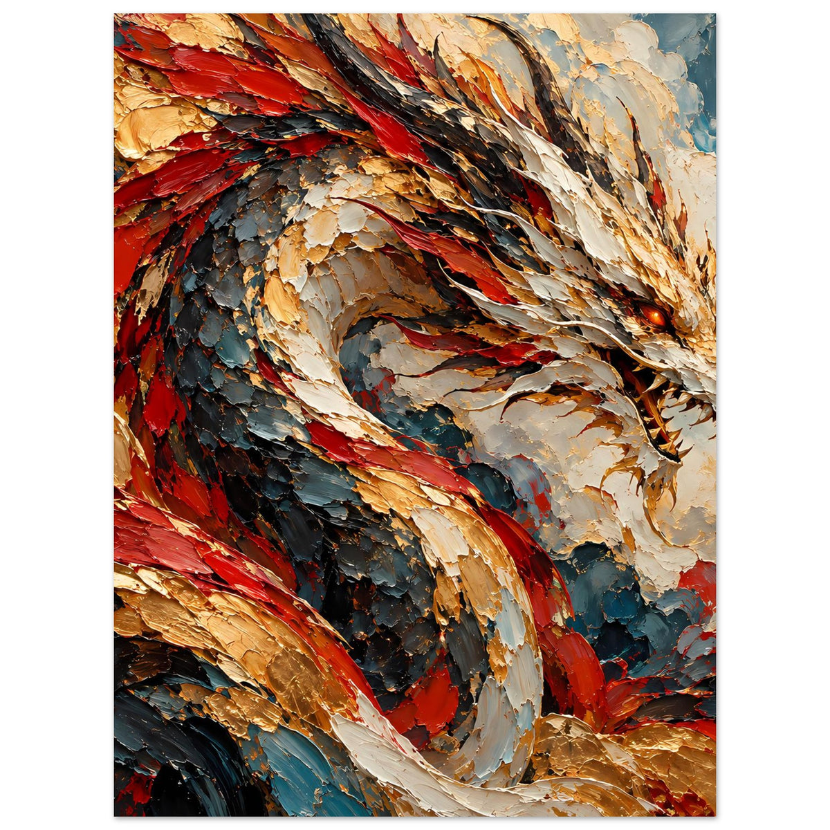 Fantasy-Poster im Hochformat: Drache in Rot, Gold und Dunkelblau, kraftvolle Flügelstruktur