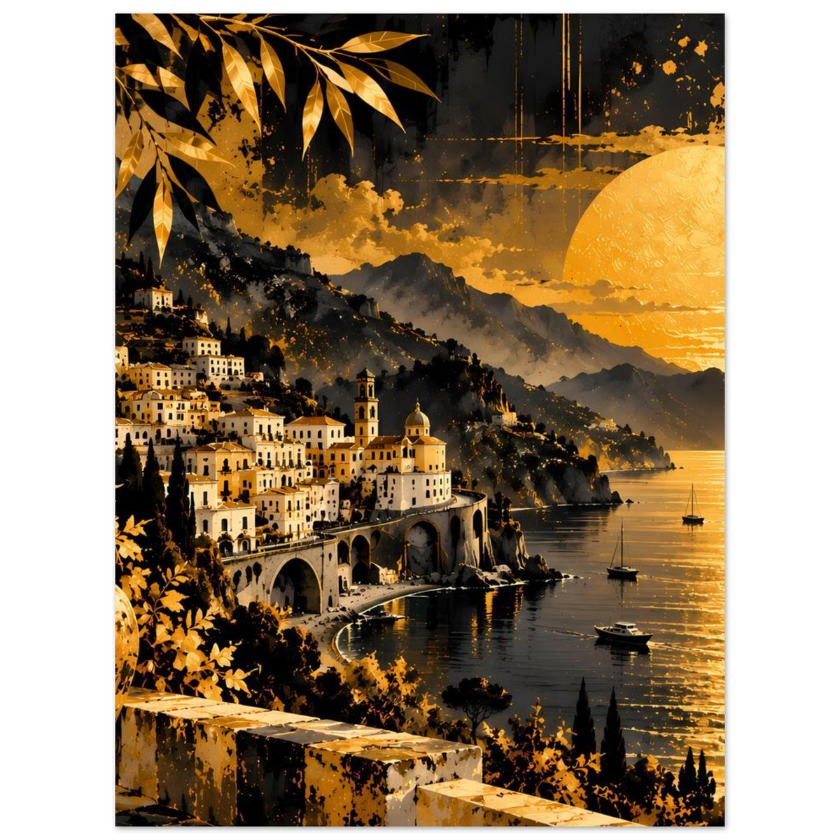Vertikales Poster mit Küstendorf am Wasser, goldene Sonne, Berge und Boote