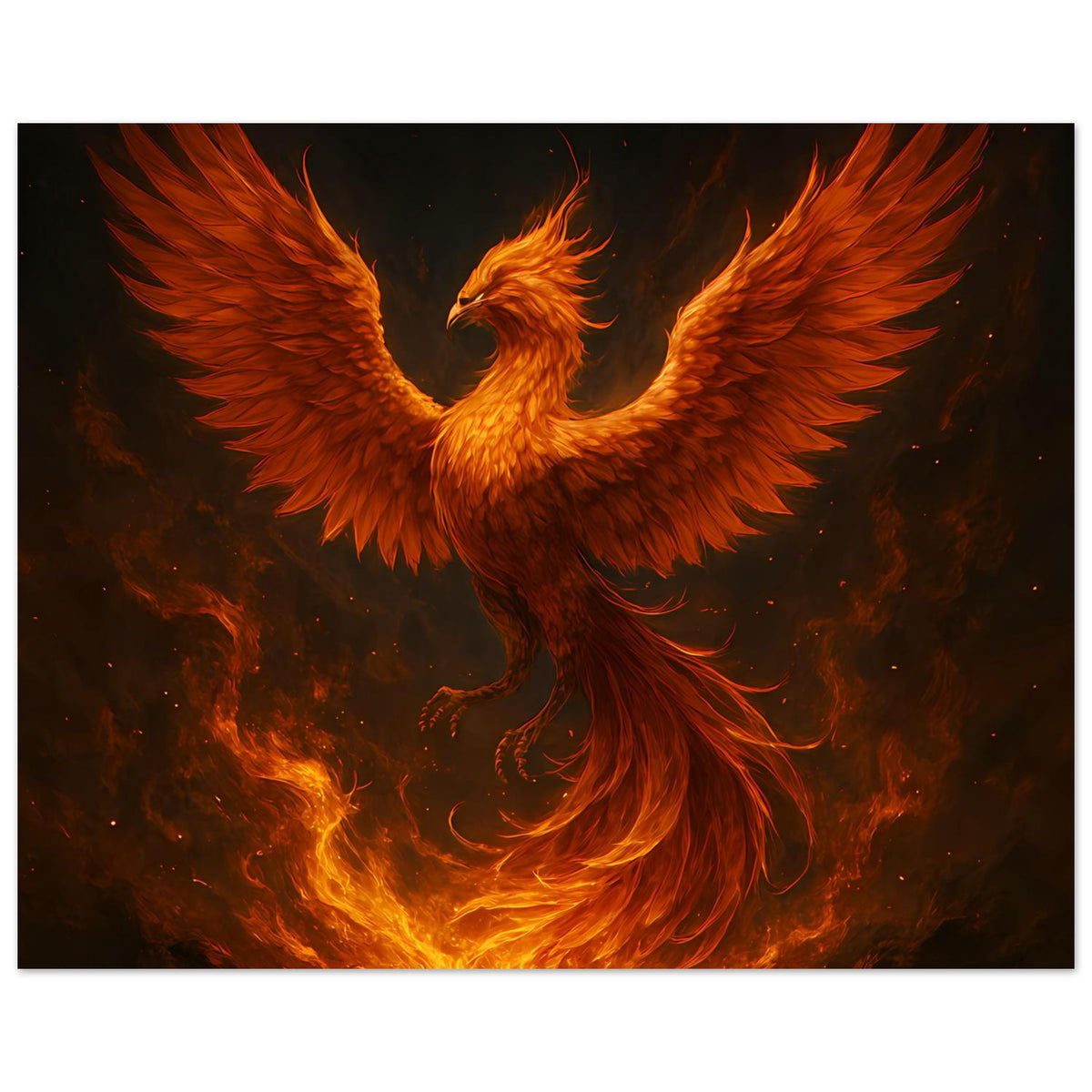 Poster mit Phönix und großen Flügeln, goldene Glut, orangefarbene Feuerstruktur