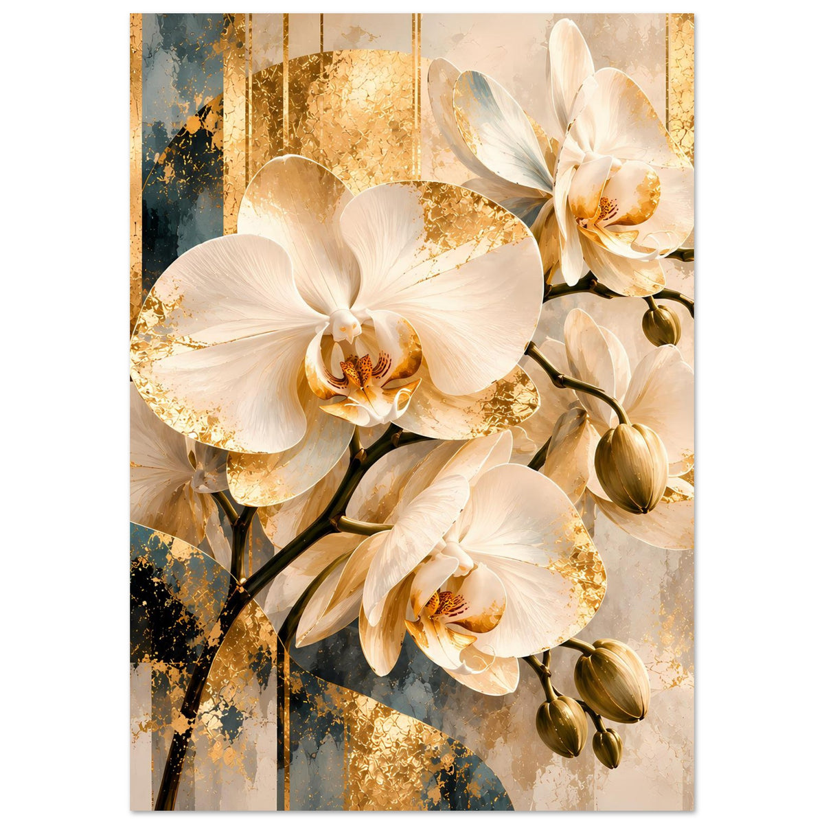 Orchideen-Poster (hochformat) mit weißen Blüten, goldene Sprenkel und florale Details