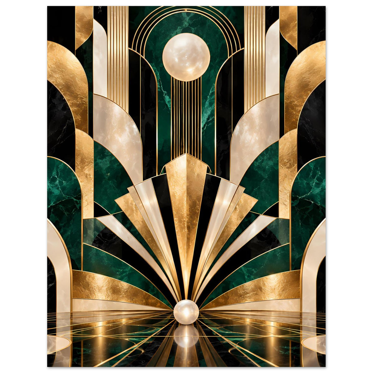 Art-Déco-Poster mit goldenen Fächern, schwarzen Akzenten und smaragdgrünem Muster, vertikal