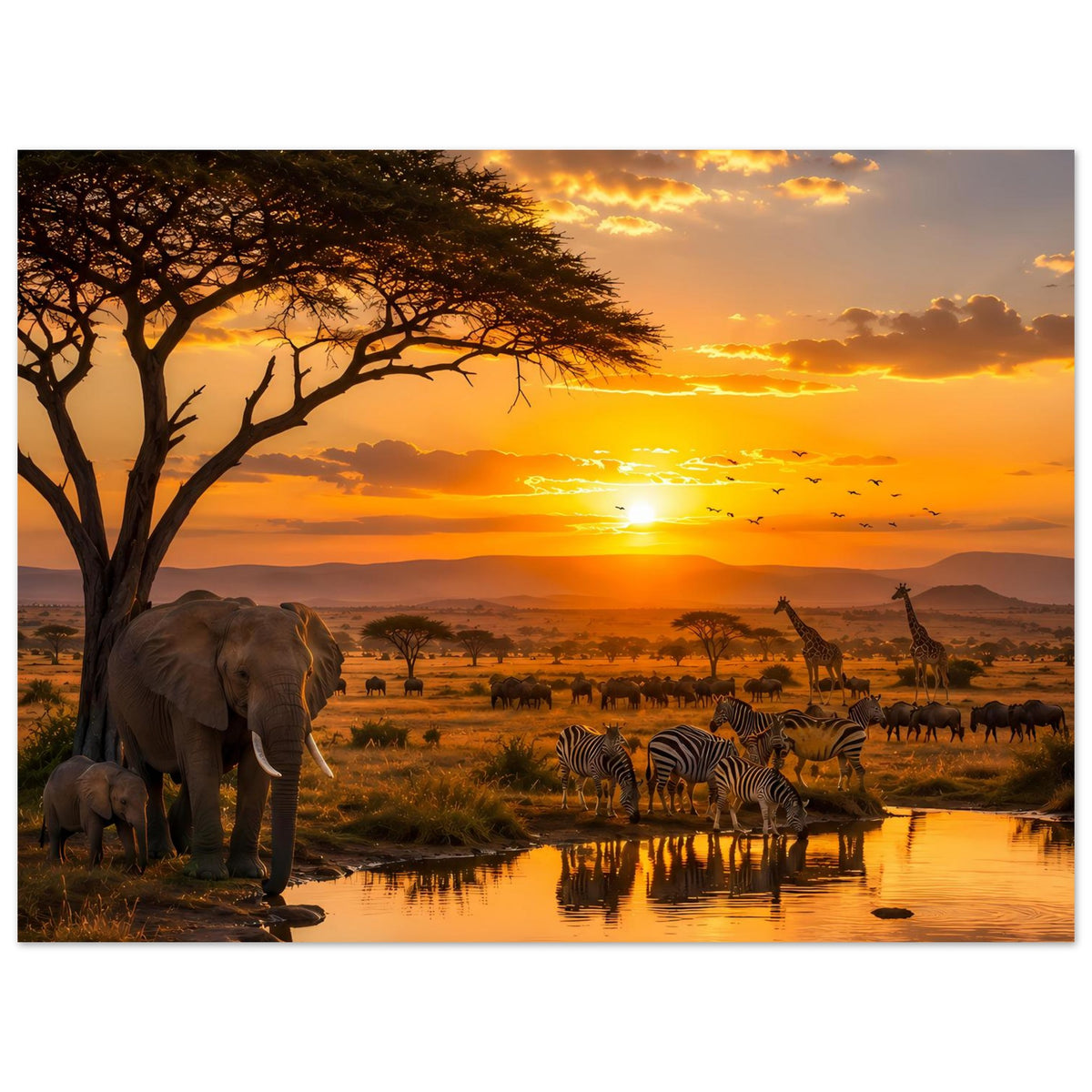 Poster mit Elefanten und Zebras am Wasserloch, Blick in die Savanne bei Sonnenuntergang