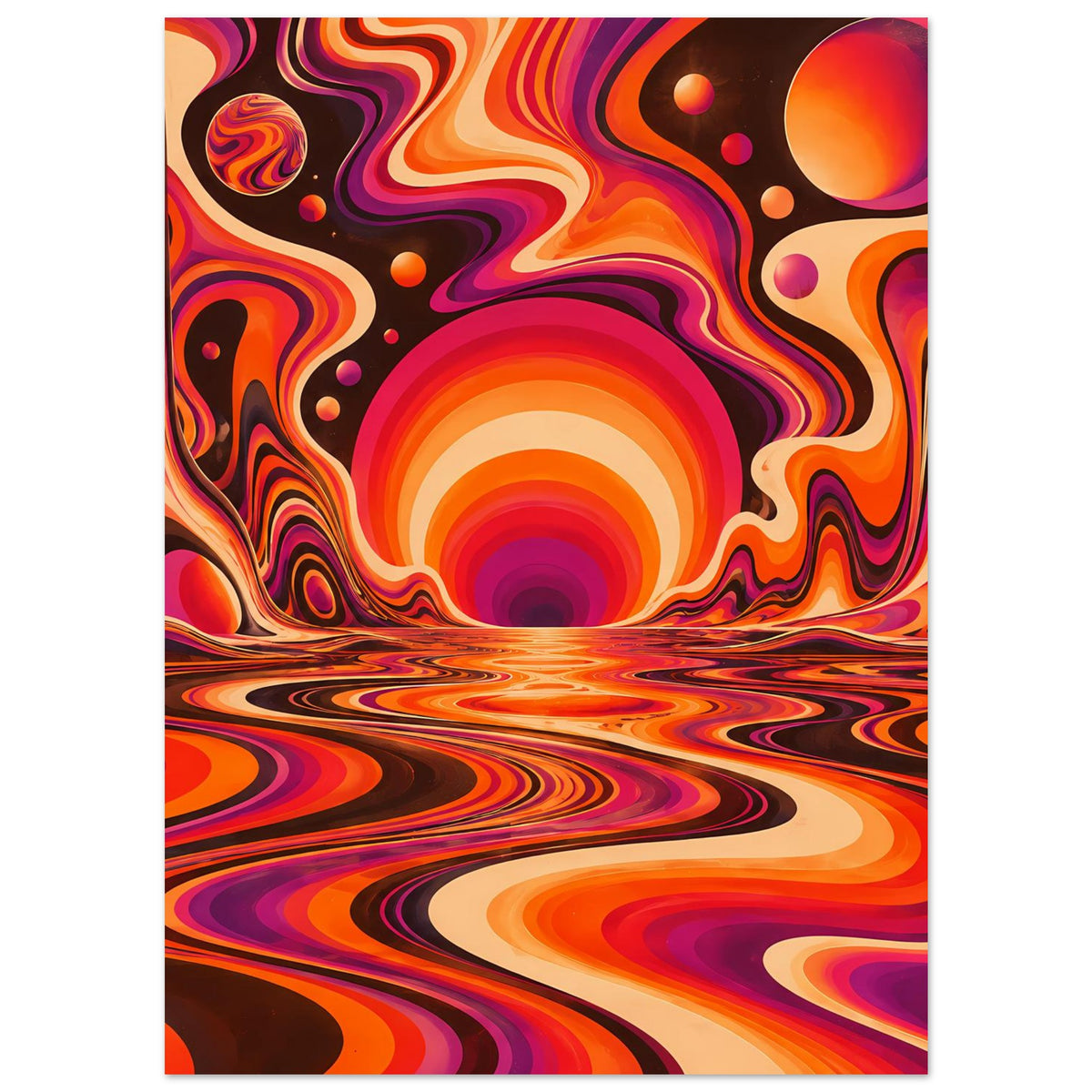 Vertikales Poster mit Swirl-Landschaft in Orange und Violett, runde Sonne im Zentrum