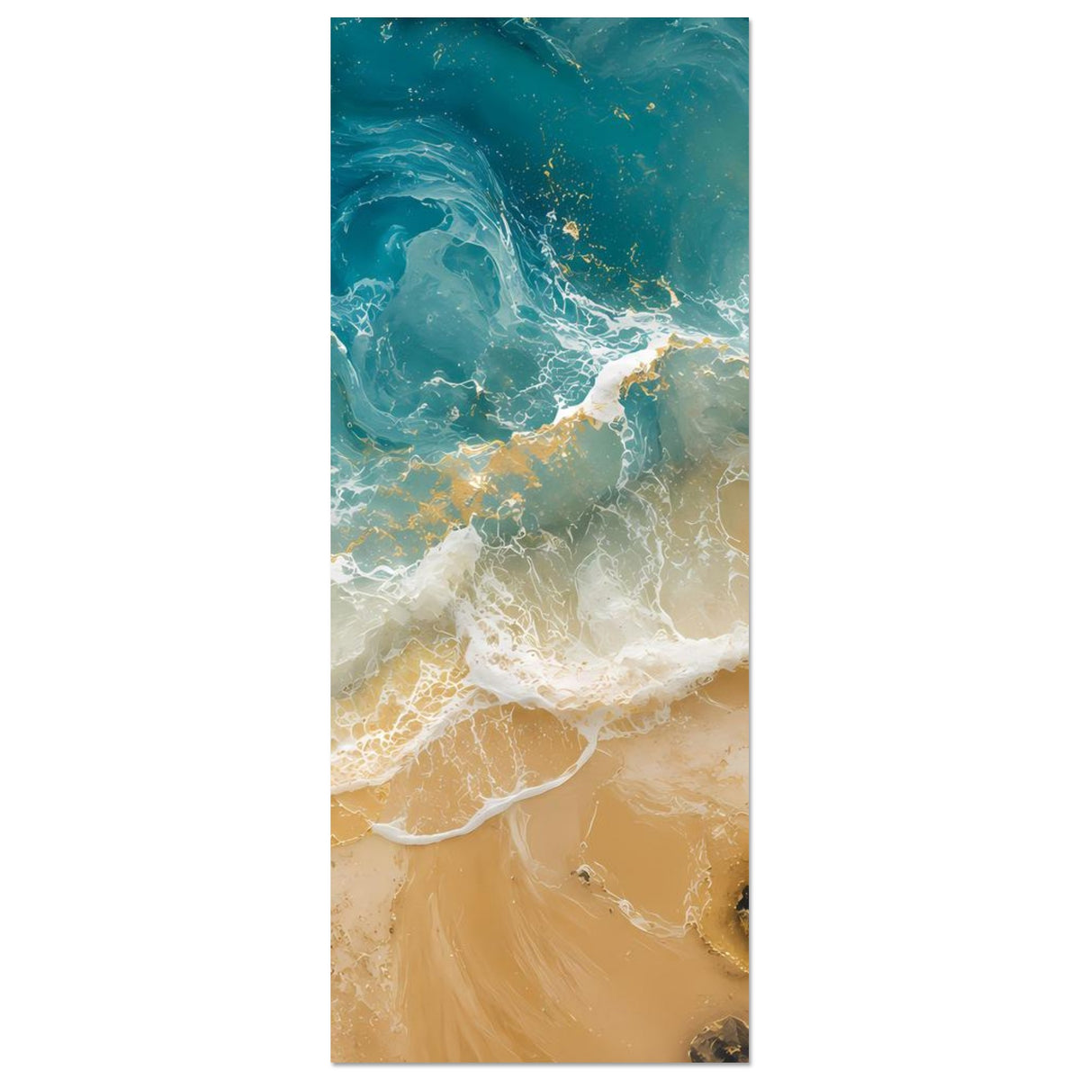 Vertikales Poster: Meerwellen treffen auf den Strand, türkisblaues Wasser und Goldreflexe