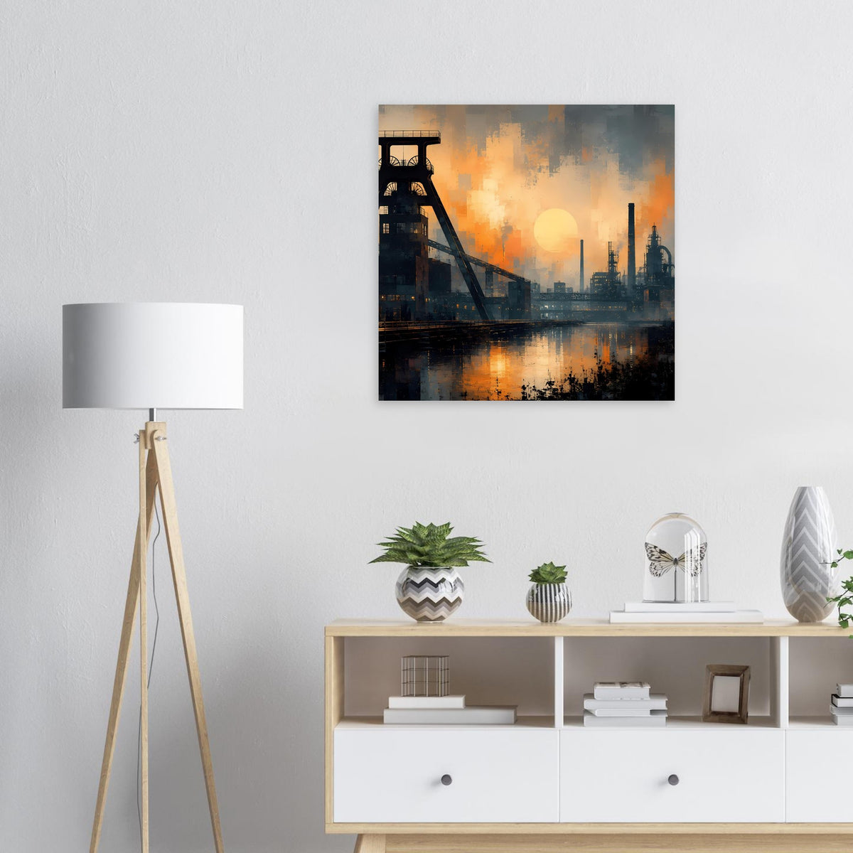 Industrie-Dämmerung-Panoramaposter: Hafenkran, Dämmerlicht über der Wasserlinie