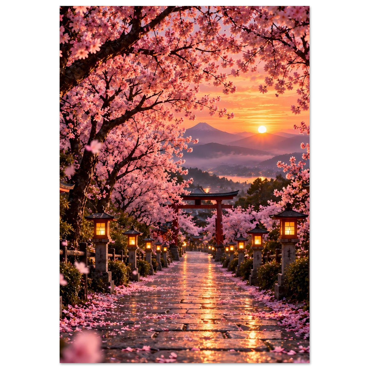 Sakura-Poster mit Kirschblütenzweigen, Torii im Hintergrund und warmem Sonnenuntergang