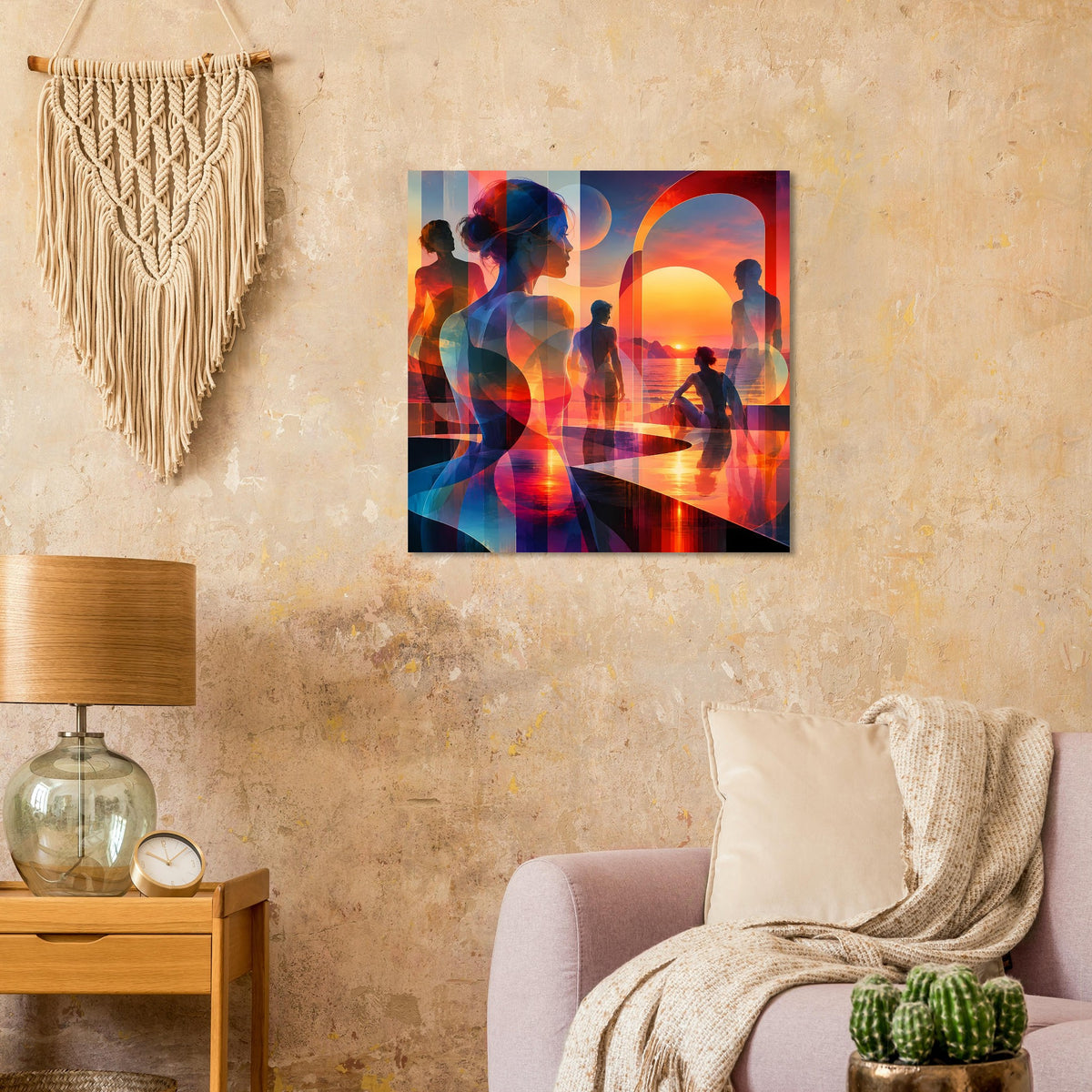 Kunstposter mit Frauen-Silhouette, Kindfigur und orangefarbenem Lichtbogen über dem Meer