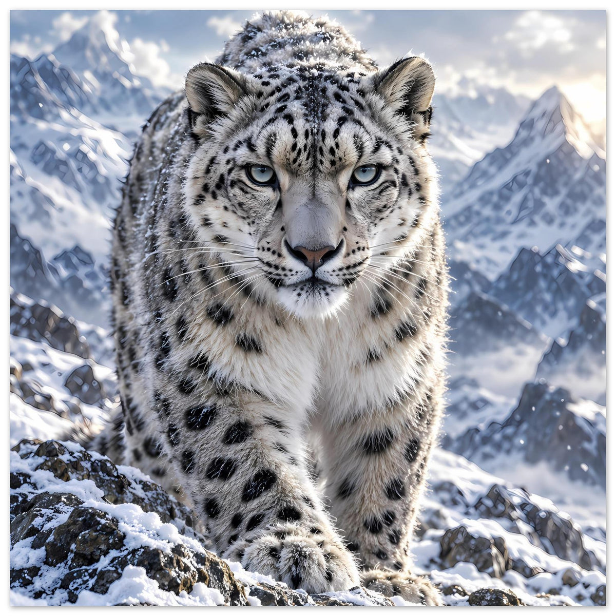 Poster mit Schneeleopard im Schnee, zentriertes Motiv mit Blick nach vorn