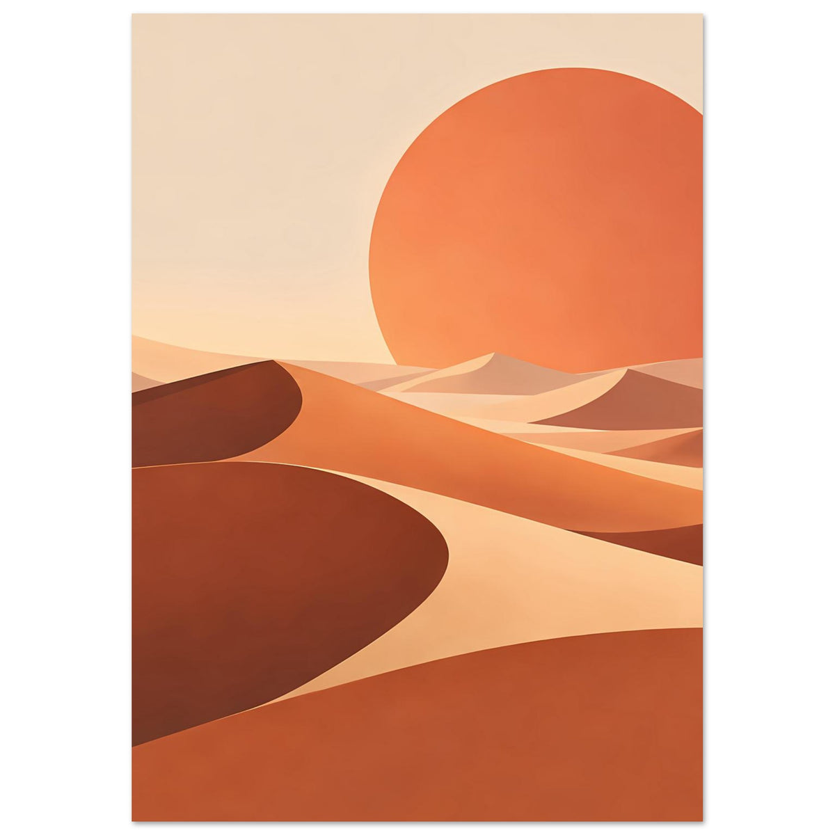 Abstraktes Wandposter im Hochformat: orange Sonne über geometrischen Wüstenformen