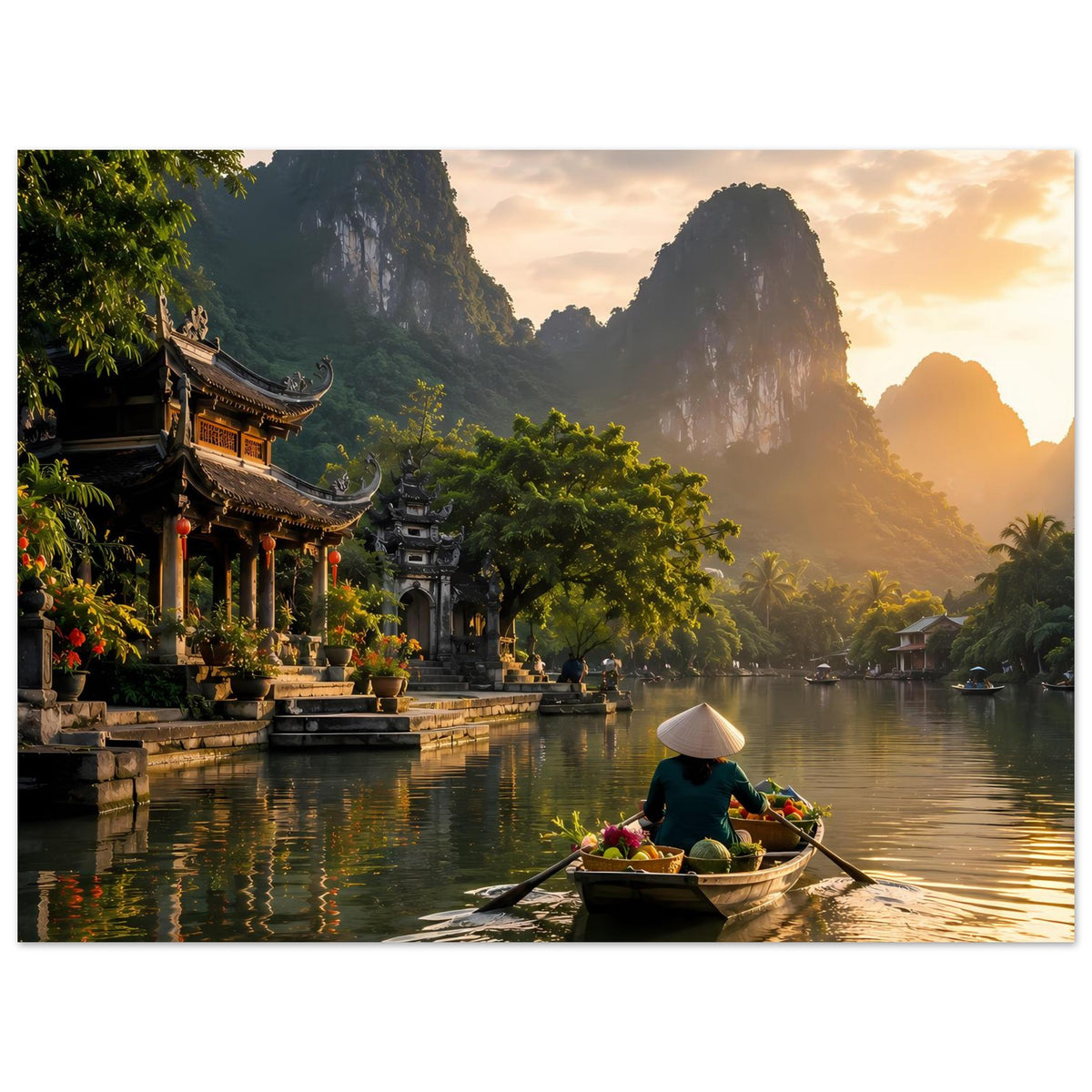 Fotoposter mit Fluss bei Sonnenuntergang, Sonnenlicht über Bergen, Boot mit Blumen
