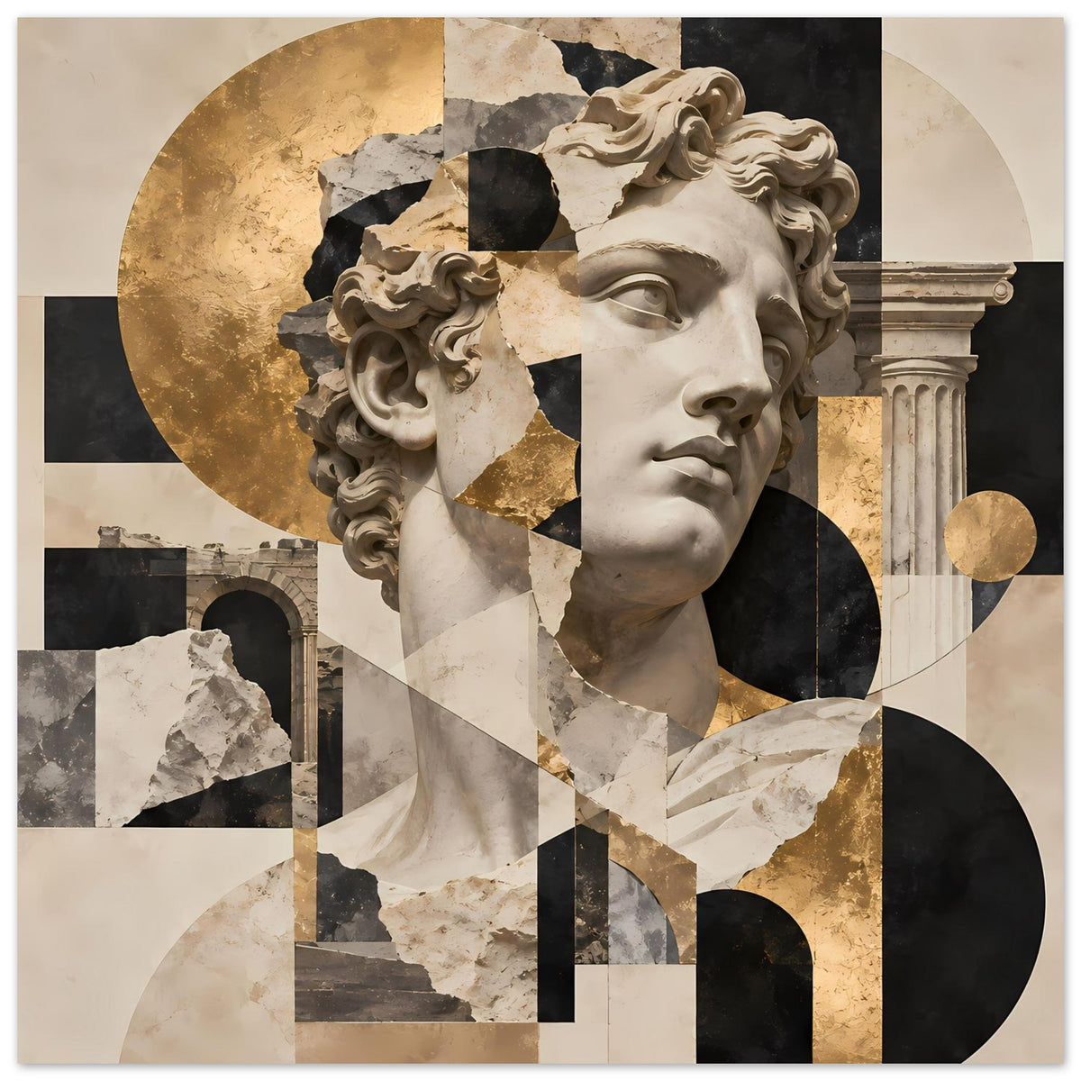 Quadratisches Kunstposter mit klassizistischer Büste, Kreisformen und goldenen Akzenten