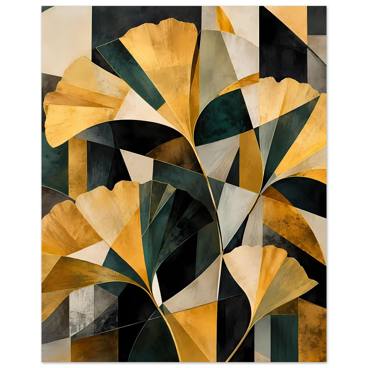 Abstraktes Blumenposter mit grafischen Blüten und Farnlinien in Gold, Grün, Weiß und Schwarz
