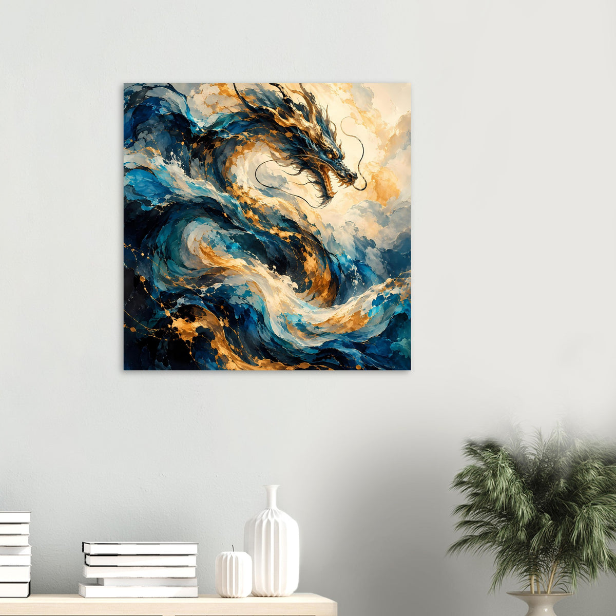 Fantasy-Poster mit Drachenmotiv in Blau und Gold, zentral ausgerichtet und klar gerahmt