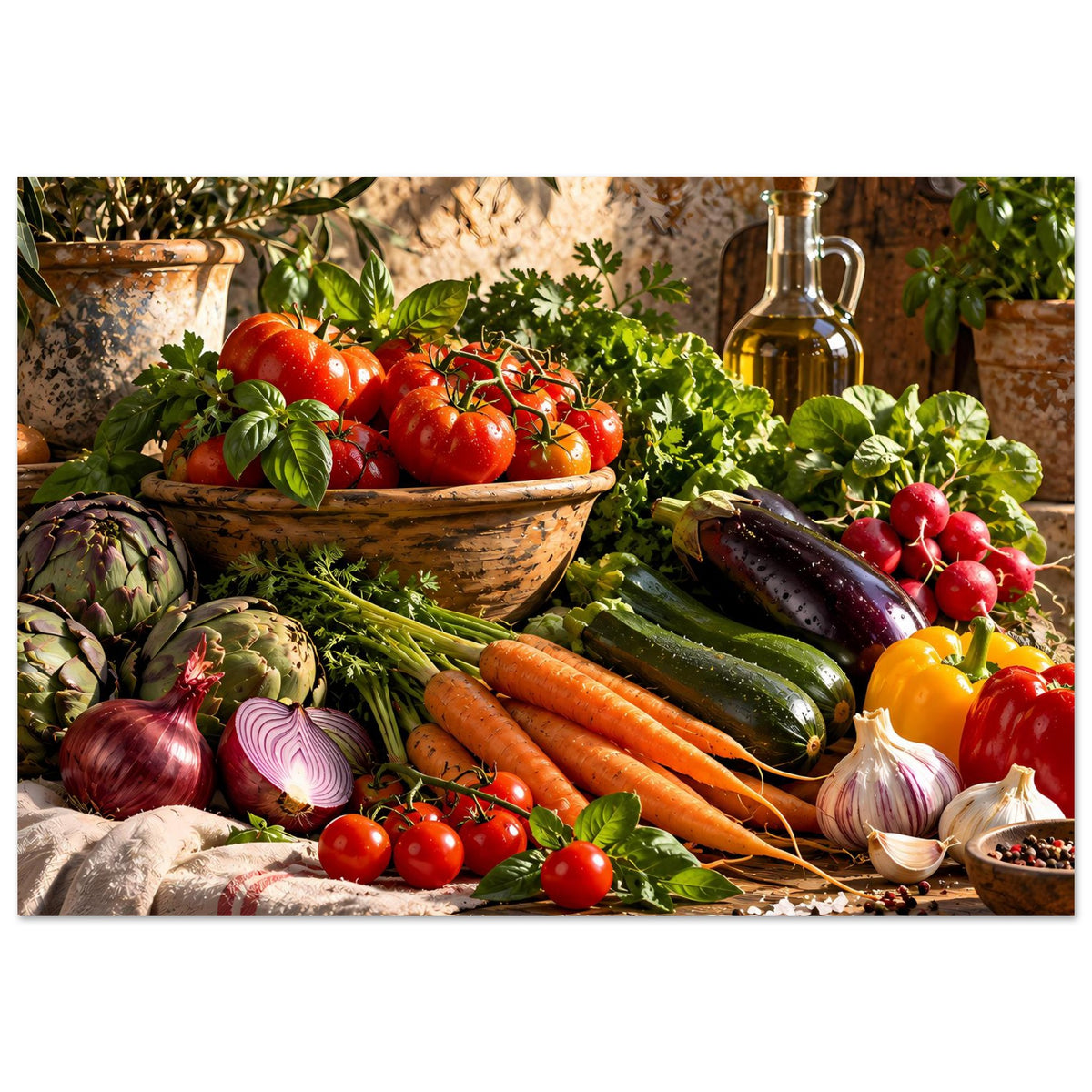 Poster mit Gemüsestillleben im Holztablett: Tomaten, Karotten, Zucchini, Kohl und Ölflasche.