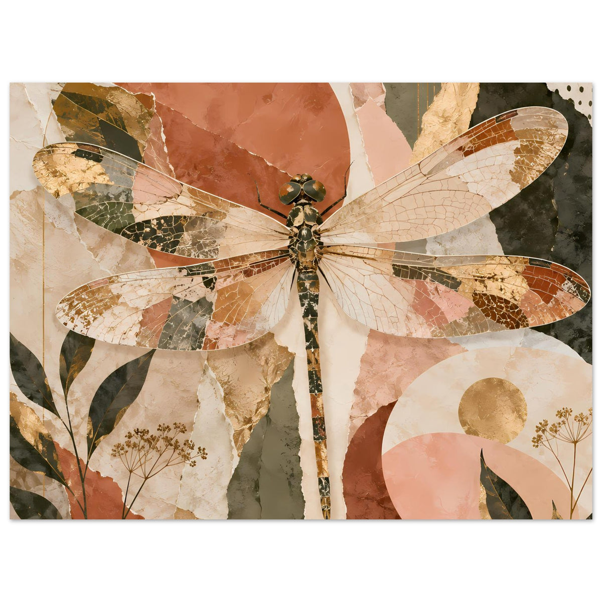 Horizontaler Posterprint: Libelle mit großen Flügeln und botanischen Motiven in warmen Farbtönen