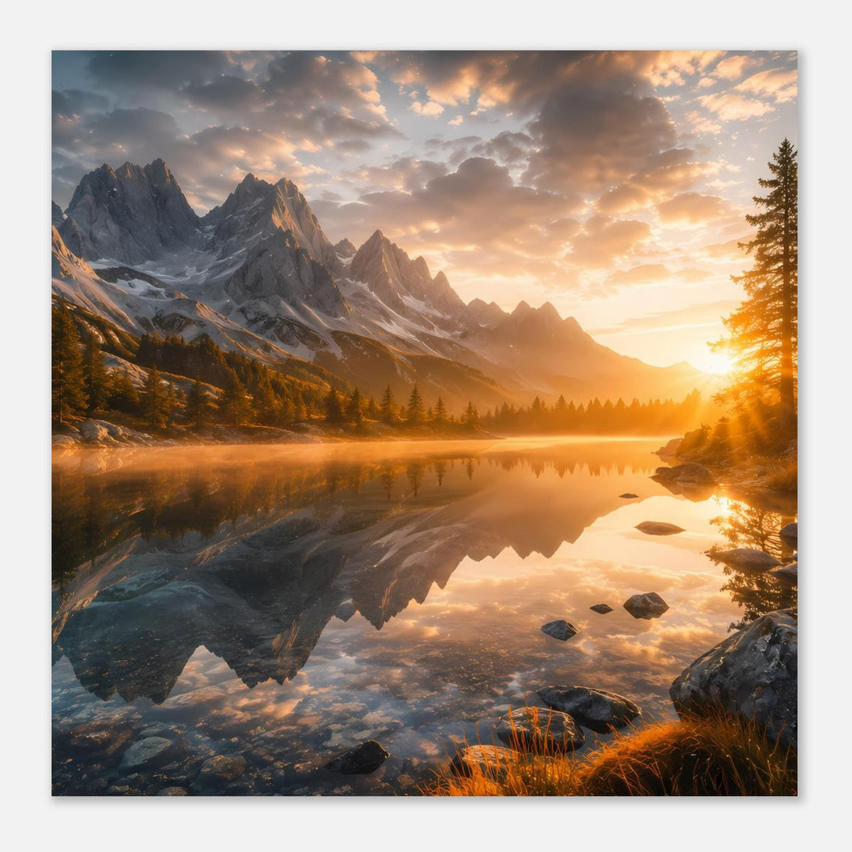 Poster im Querformat mit Bergsee bei Sonnenaufgang, Felsen, Grasbüschel und Spiegelbild