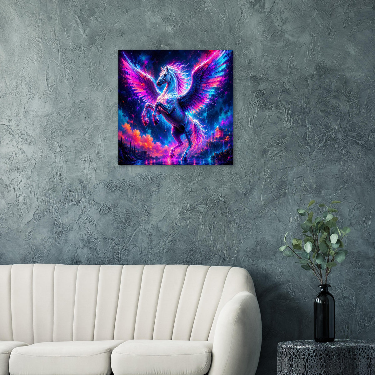 Quadratisches Pegasus-Poster, Neon-Flügel in Pink und Blau, schwarz gerahmt