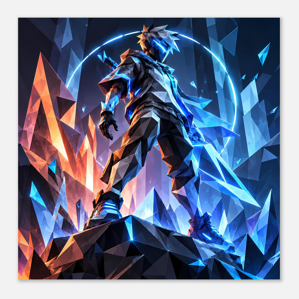 Premium-mattes Poster: futuristischer Krieger mit blauem Neonring und orange-blauer Farbaufteilung